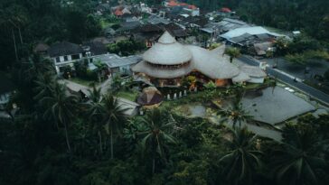 A stunning aerial view of a bamboo resort in Tegallalang, Bali, Indonesia, surrounded by lush greenery.