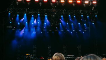 Night concert scene with audience, stage, and colorful lighting effects.