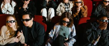 Group of people watching a movie in 3D glasses, expressing excitement and surprise.