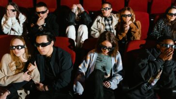 Group of people watching a movie in 3D glasses, expressing excitement and surprise.