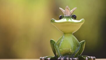 A cute frog prince figurine sits gracefully outdoors with a blurred green background.