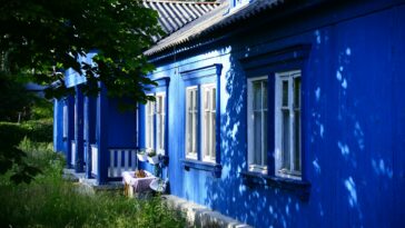 A vibrant blue house in a rural setting with lush greenery and shadows cast by trees.