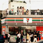 Lively 7-Eleven with rooftop social gathering showcasing modern urban lifestyle in China.