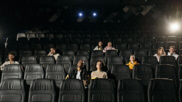 Image of diverse audience sparsely seated in a dimly lit cinema hall.