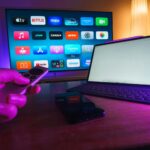 A cozy home setup featuring streaming services on smart TV, tablet, and smartphone.