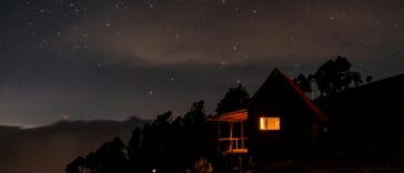 A beautiful silhouette of a cabin under a starry night sky, showcasing the peaceful outdoors.