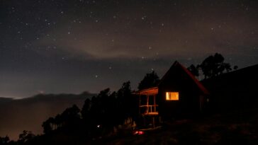 A beautiful silhouette of a cabin under a starry night sky, showcasing the peaceful outdoors.