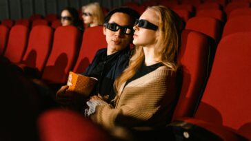 Young couple wearing 3D glasses enjoying a movie together in a cinema setting.