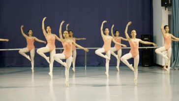 Group of young ballet dancers practicing with arms raised in a dance studio.