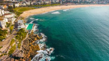 Stunning aerial view of Bondi Beach in Sydney, showcasing vibrant turquoise waters and sandy shores.