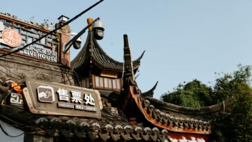 Capture of traditional Chinese rooftop with signage in Nanjing, China.