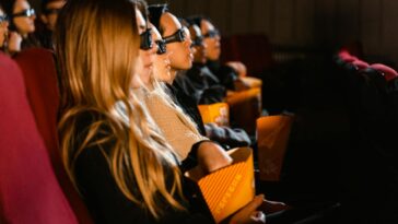 Group of people wearing 3D glasses watching a movie in a cinema, captivated by the film.