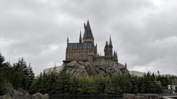 Majestic exterior view of Hogwarts Castle at Universal Studios Japan with a scenic water reflection.