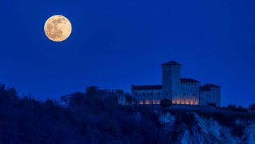 Majestic castle with a full moon at night, creating a dramatic and serene scene.