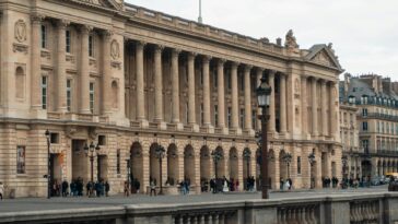 View of a neoclassical building facade in Paris with pedestrians walking below.