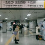 Busy day at a Seoul subway station with commuters navigating their way.