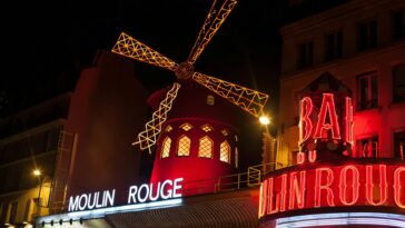 Brightly illuminated Moulin Rouge windmill in Paris at night.