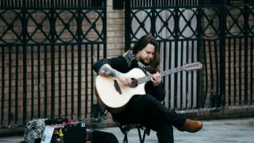 Street performer with a 12-string guitar in Dublin's urban setting.