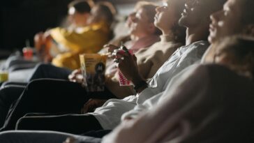Group of friends watching a film in a cinema, sharing a fun movie night experience.