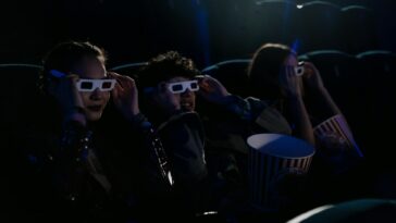 Group of teenagers wearing 3D glasses in a cinema with popcorn during a movie.
