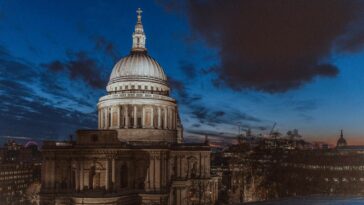 Beautiful nighttime cityscape featuring St. Paul's Cathedral in London with an illuminated skyline.