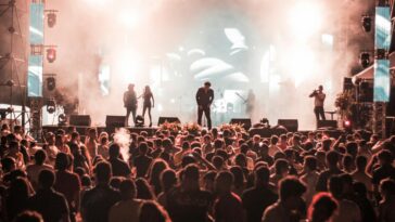 Lively crowd enjoying a nighttime concert with dynamic lighting and energetic performers on stage.