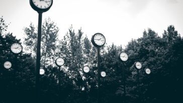 A collection of clocks set against a backdrop of trees in a park, creating a surreal scene.