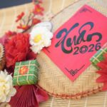 Vibrant Lunar New Year 2026 decoration featuring flowers and traditional elements for a festive ambiance.