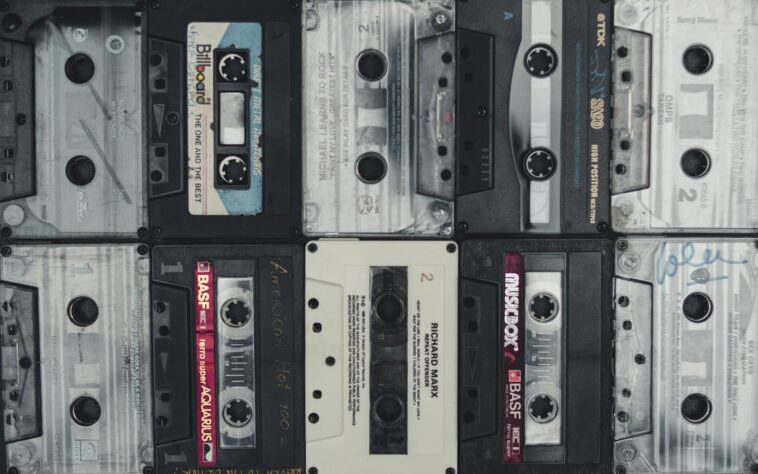 A nostalgic flat lay of vintage cassette tapes evoking retro vibes.