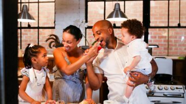 Family enjoying quality time cooking and having fun in the kitchen.