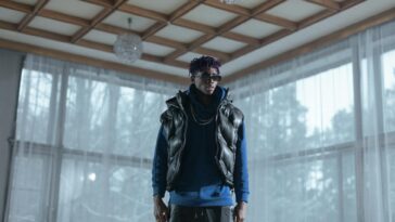 Fashionable man in sunglasses posing indoors wearing a vest and blue sweatshirt.