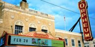 Colorful marquee of the Orpheum Theatre displaying an upcoming event on February 28.