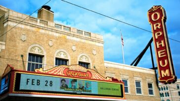 Colorful marquee of the Orpheum Theatre displaying an upcoming event on February 28.