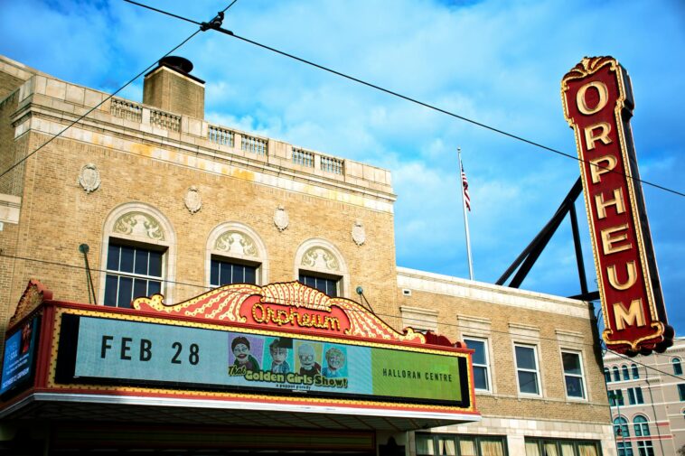 Colorful marquee of the Orpheum Theatre displaying an upcoming event on February 28.