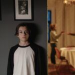 A boy stands in focus, while two adults argue in the background, depicting family conflict.