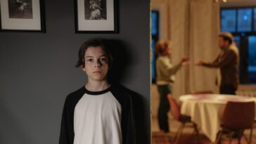 A boy stands in focus, while two adults argue in the background, depicting family conflict.