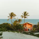 Scenic view of a rustic beach house in Itaúnas, surrounded by palms and sandy shores.
