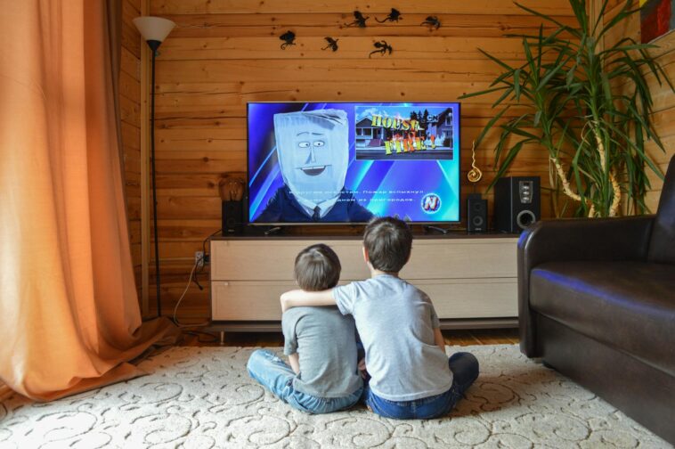 Back view of faceless preteen boy in casual clothes hugging little brother while sitting together on floor and watching TV