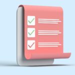 3D illustration of a checklist with checkmarks on a rolled paper sheet against a blue backdrop.
