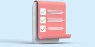 3D illustration of a checklist with checkmarks on a rolled paper sheet against a blue backdrop.