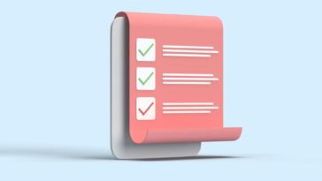 3D illustration of a checklist with checkmarks on a rolled paper sheet against a blue backdrop.