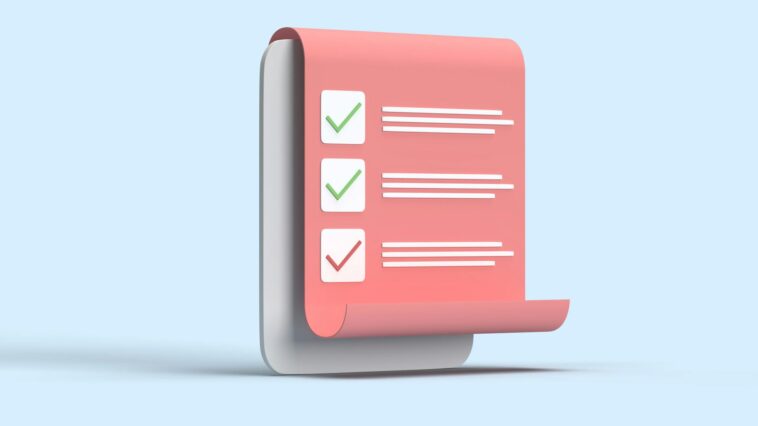 3D illustration of a checklist with checkmarks on a rolled paper sheet against a blue backdrop.