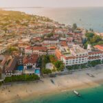 A breathtaking aerial shot of Stone Town, Zanzibar featuring historic architecture and scenic coastline.
