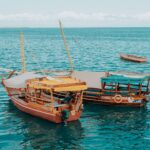 Enjoy the serene view of traditional dhows sailing in the turquoise Zanzibar sea.