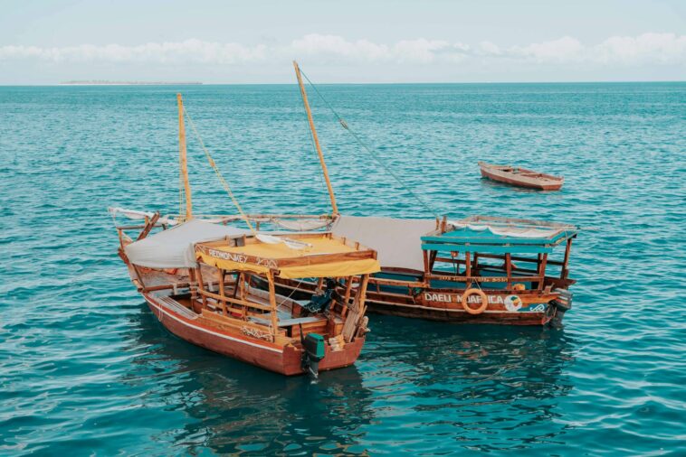 Enjoy the serene view of traditional dhows sailing in the turquoise Zanzibar sea.
